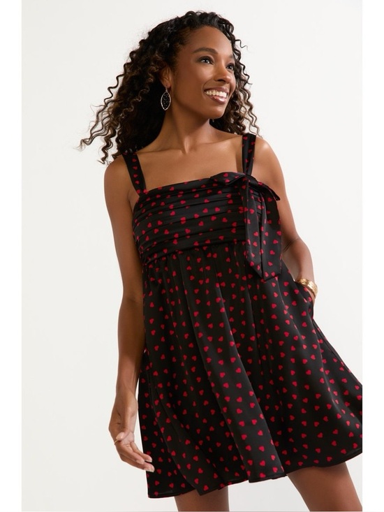 Francesca's Collections Dresses & Skirts - Francesca's Black Satin Dress with Red Heart Print and Bow Accent